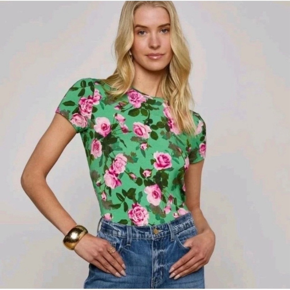 L'AGENCE Ressi Santa Fe Rose Floral Tee Green Pink Short Sleeve Top Small